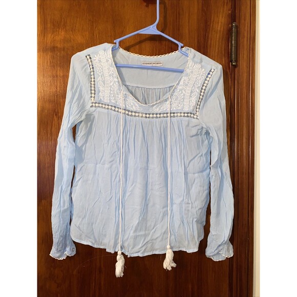 Goodnight Macaroon Blouse Light Blue White Trim Crepe Long Sleeve Boho Tassel - Picture 1 of 9